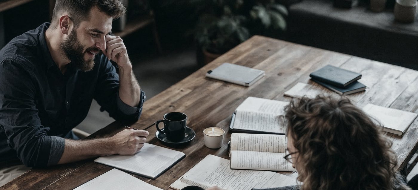 Deux personnes en conversation autour d'une table